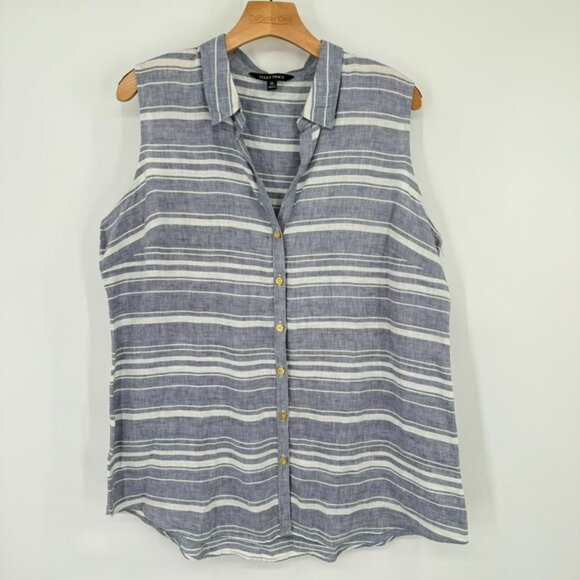 Ellen Tracy Womens Sleeveless Button Down Striped Blouse size XL Blue Linen - Picture 3 of 11